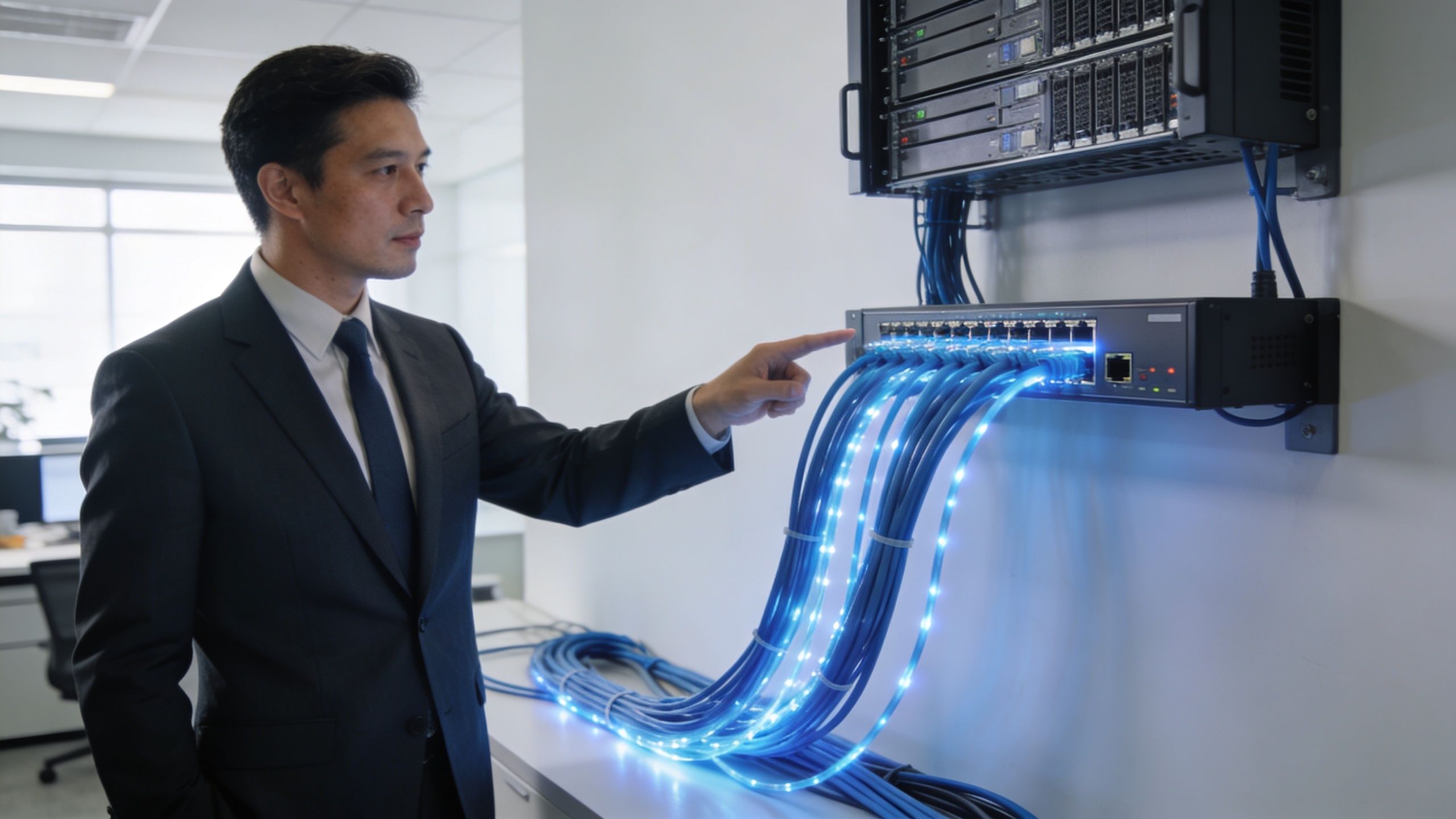 A professional IT technician points towards an active network switch connected with glowing blue fiber optic cables.