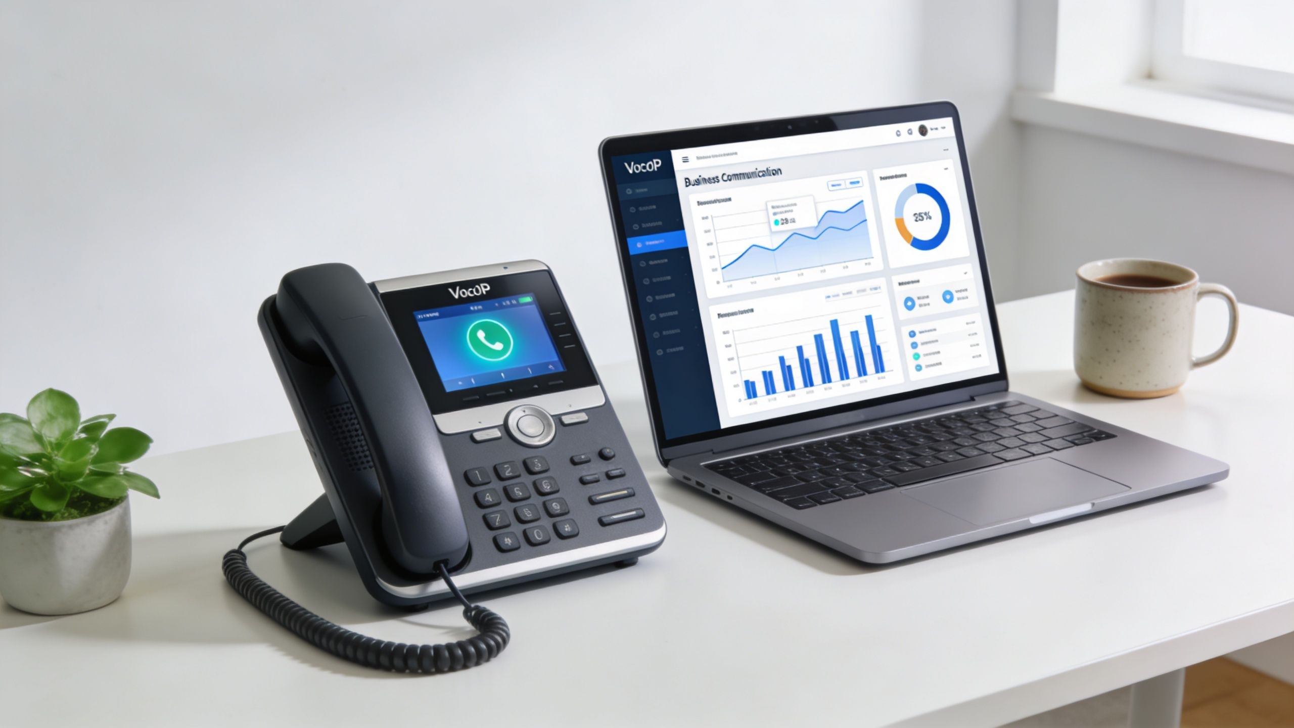 A VOIP desk phone and a laptop displaying business analytics data sitting on a clean white desk.