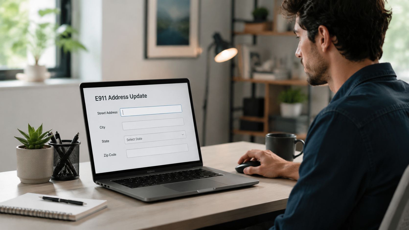 A man using a laptop to complete an E911 address update form at his workspace.