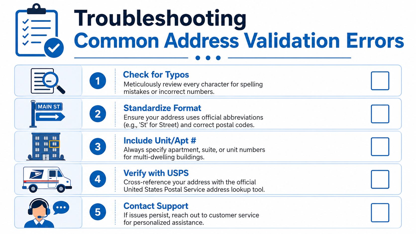 A checklist infographic detailing five essential steps to troubleshoot common address validation errors for accurate deliveries.