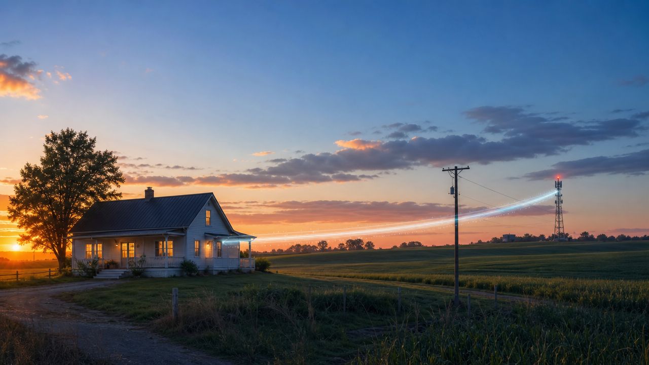 A rural white farmhouse in Arkansas at sunset with a light stream connecting to a cell tower.