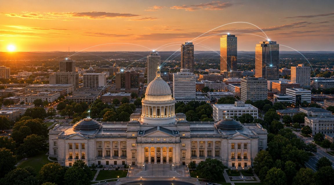 An aerial view of the Arkansas State Capitol building at sunset with digital network connectivity lines.
