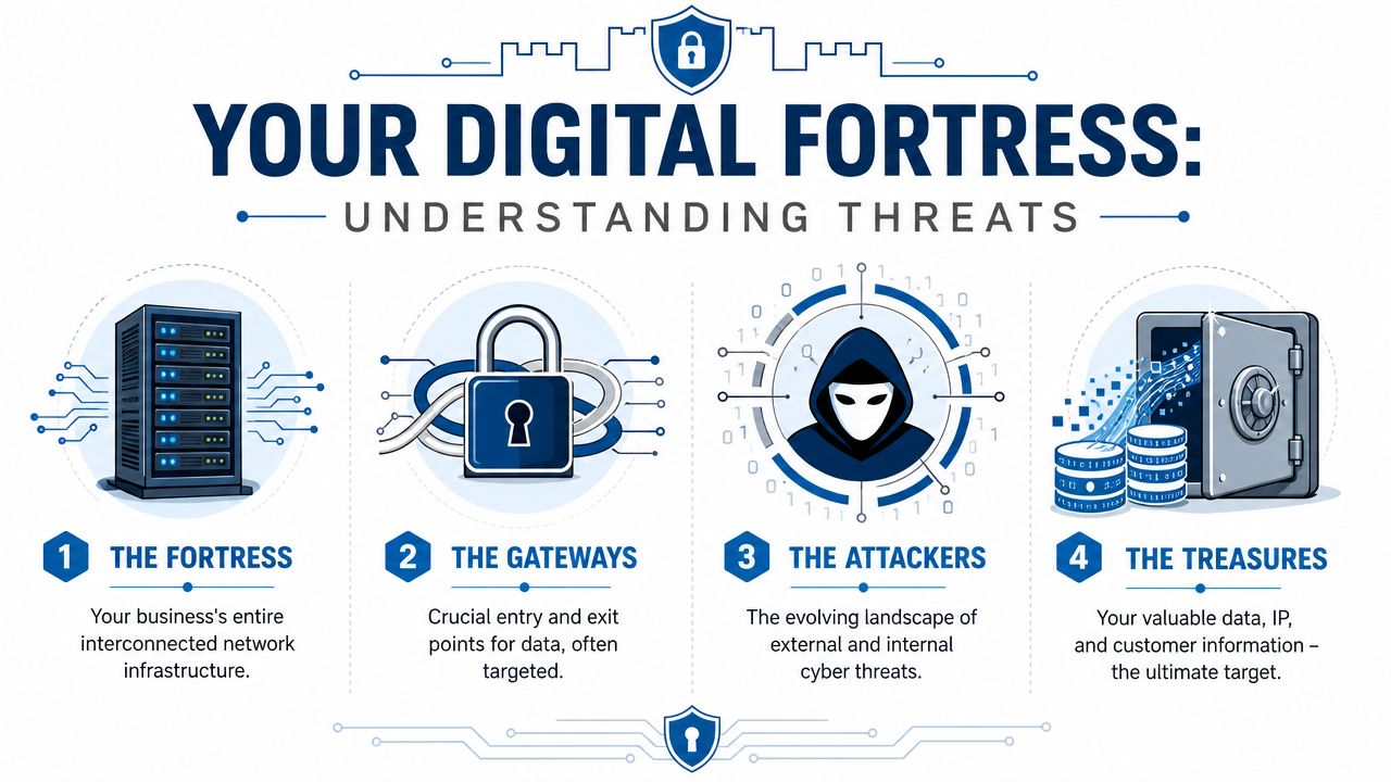 An infographic titled Your Digital Fortress illustrating four key components of business network security including infrastructure, gateways, attackers, and data.