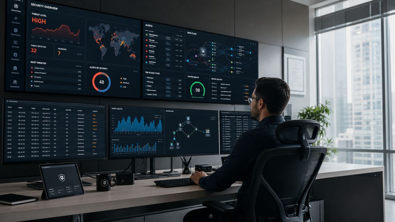 A cybersecurity analyst monitors real-time network traffic and threat data on a large office display dashboard.