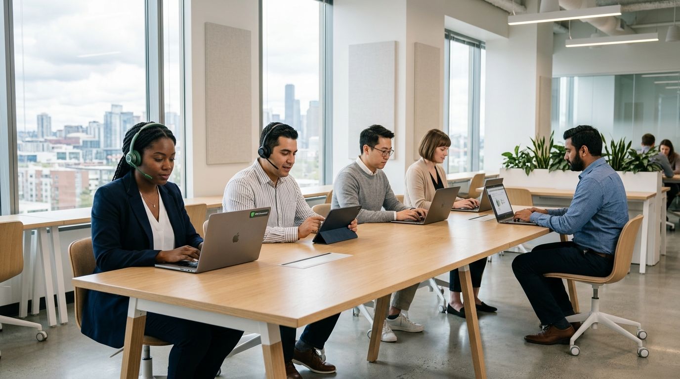 A diverse team of professionals working on laptops and tablets at a modern communal office desk.