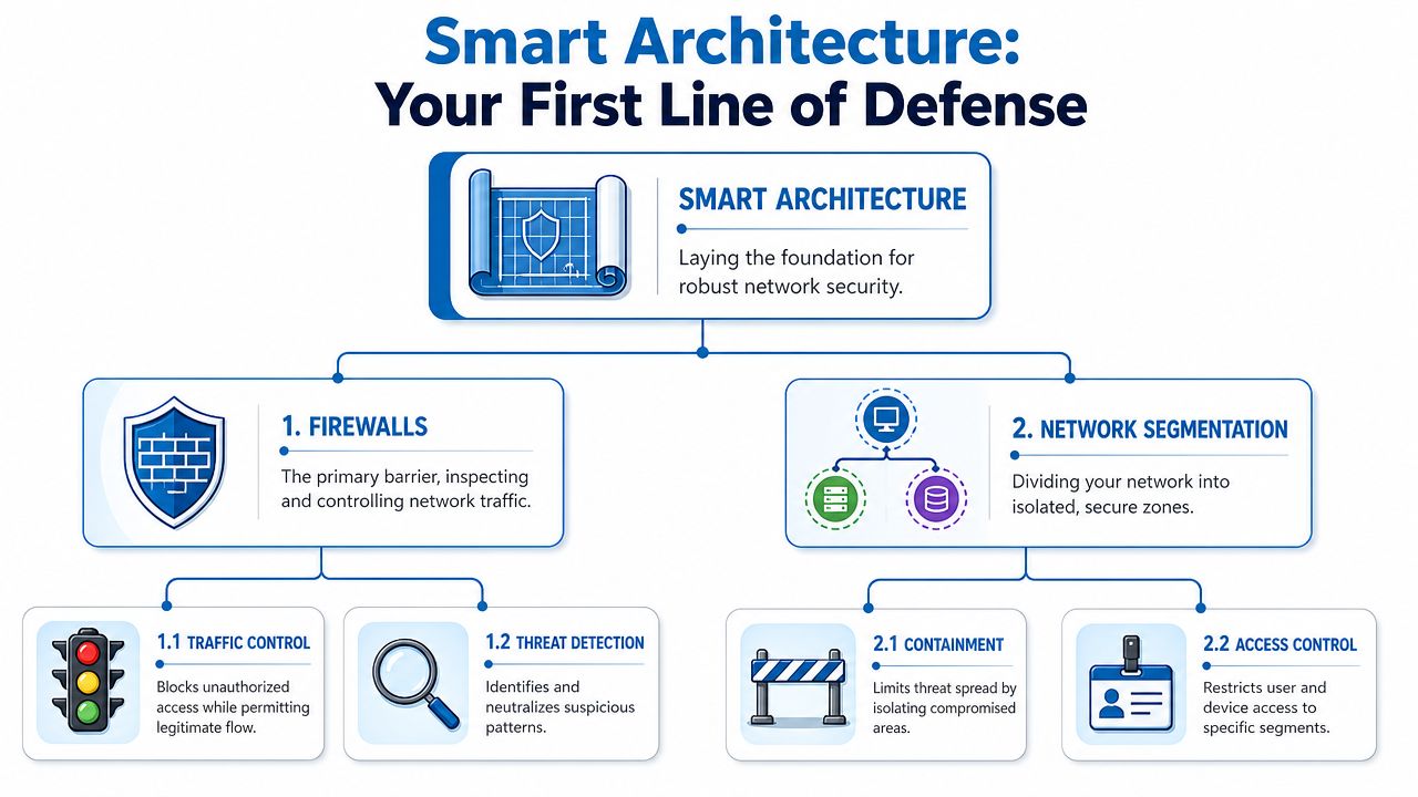 A diagram illustrating smart network architecture, including firewalls and network segmentation as key security defenses.