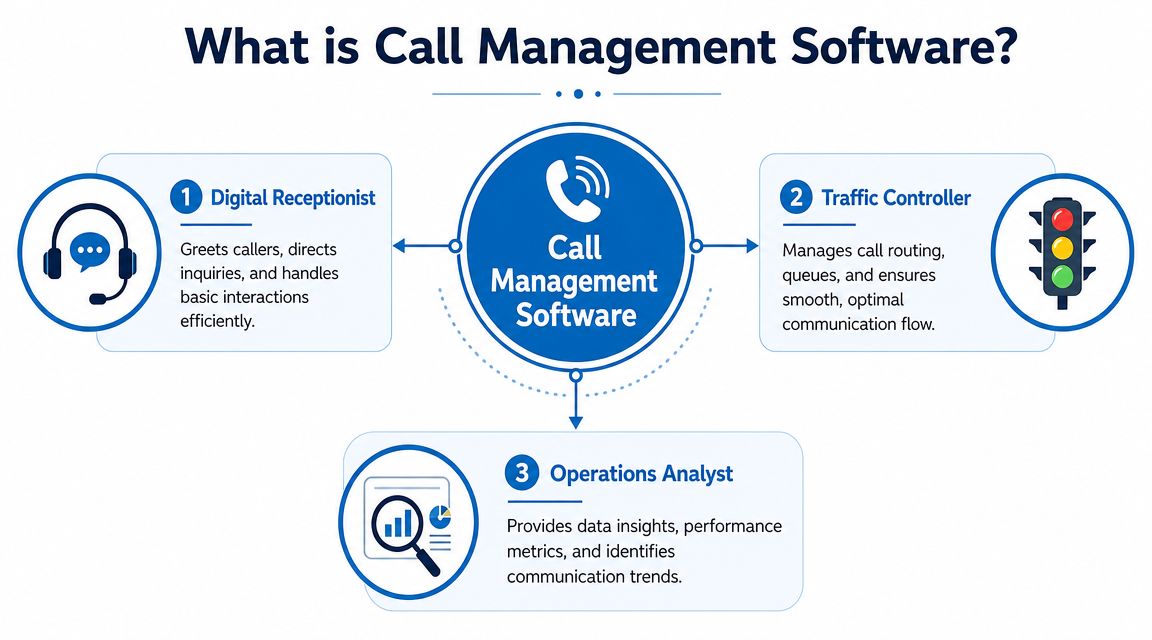 A diagram explaining the three key functions of call management software including reception, traffic control, and analytics.