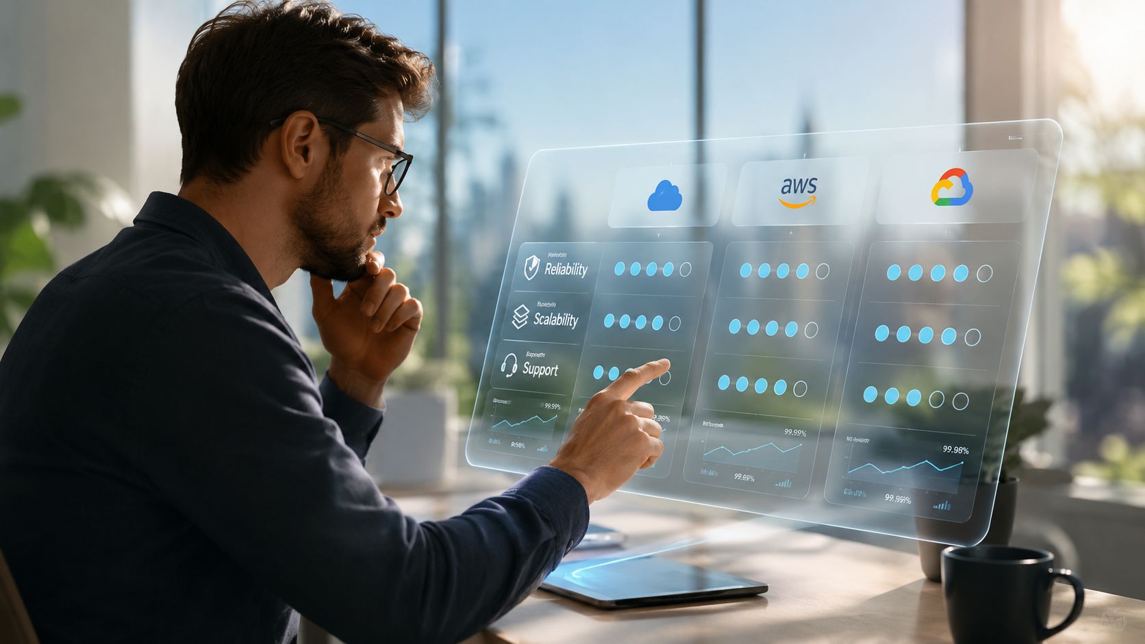 A professional man analyzing cloud computing service metrics on a futuristic transparent digital dashboard display.