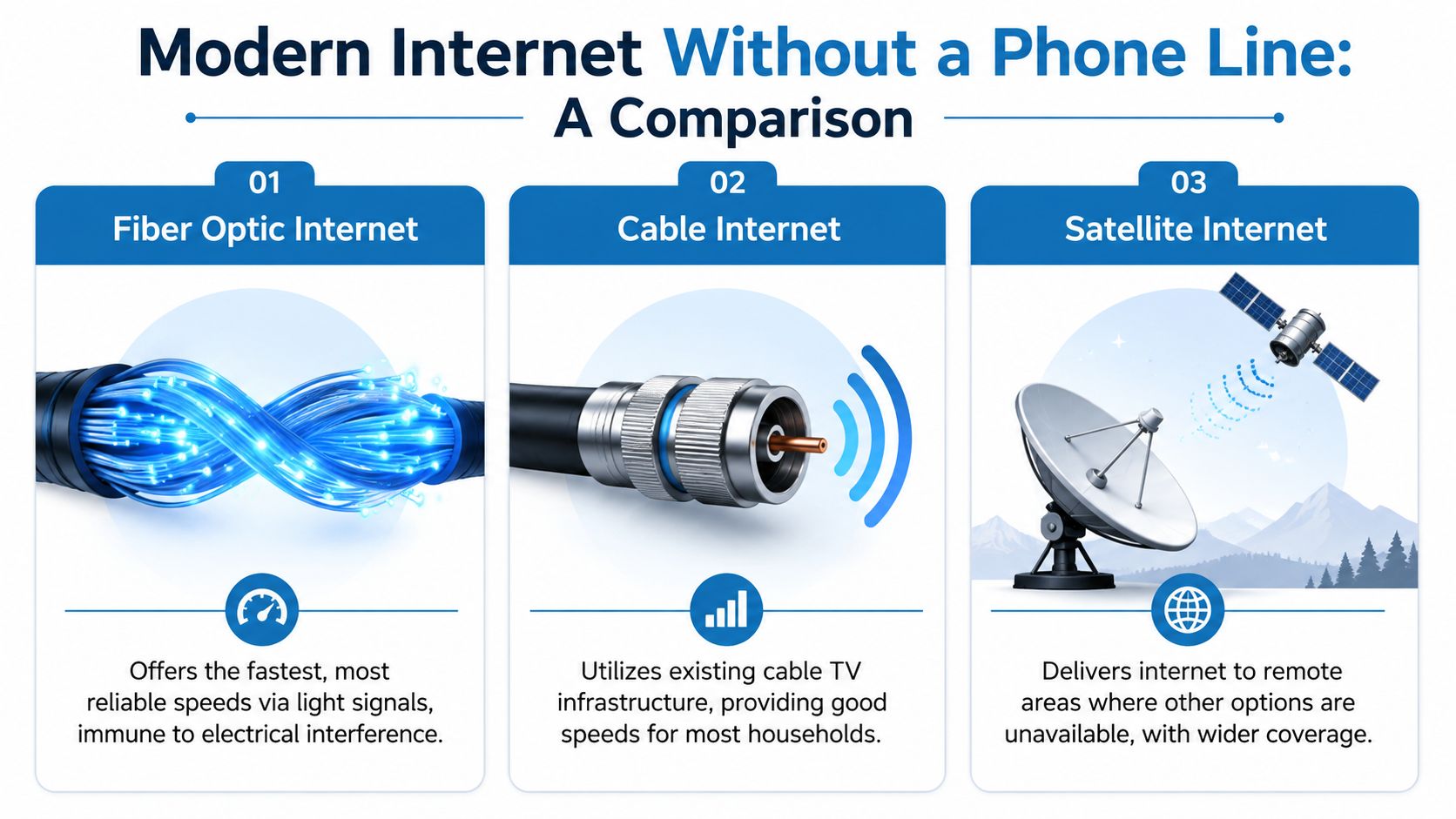 A comparison chart showing three internet connection types: fiber optic, cable, and satellite without phone lines.