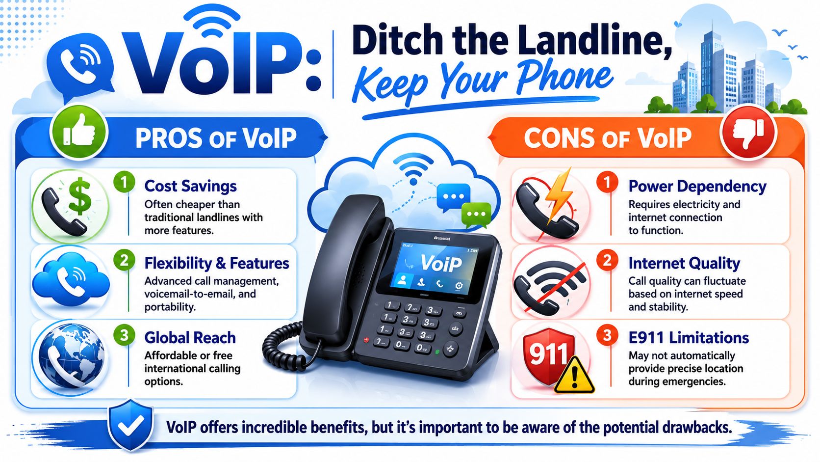 An infographic titled VoIP comparing the pros and cons of using internet-based phone systems for communication.