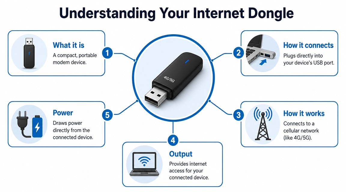 A diagram explaining how a 4G or 5G internet dongle works, showing its features, connection, and power source.