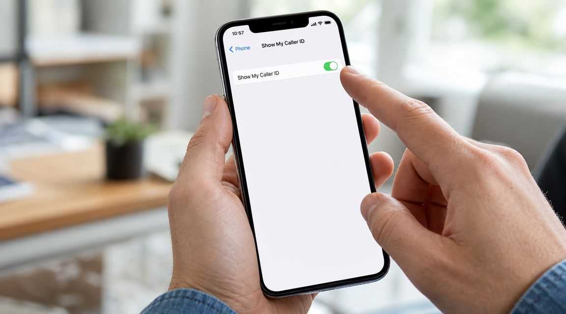A person holding an iPhone displaying the Show My Caller ID settings menu on the screen.