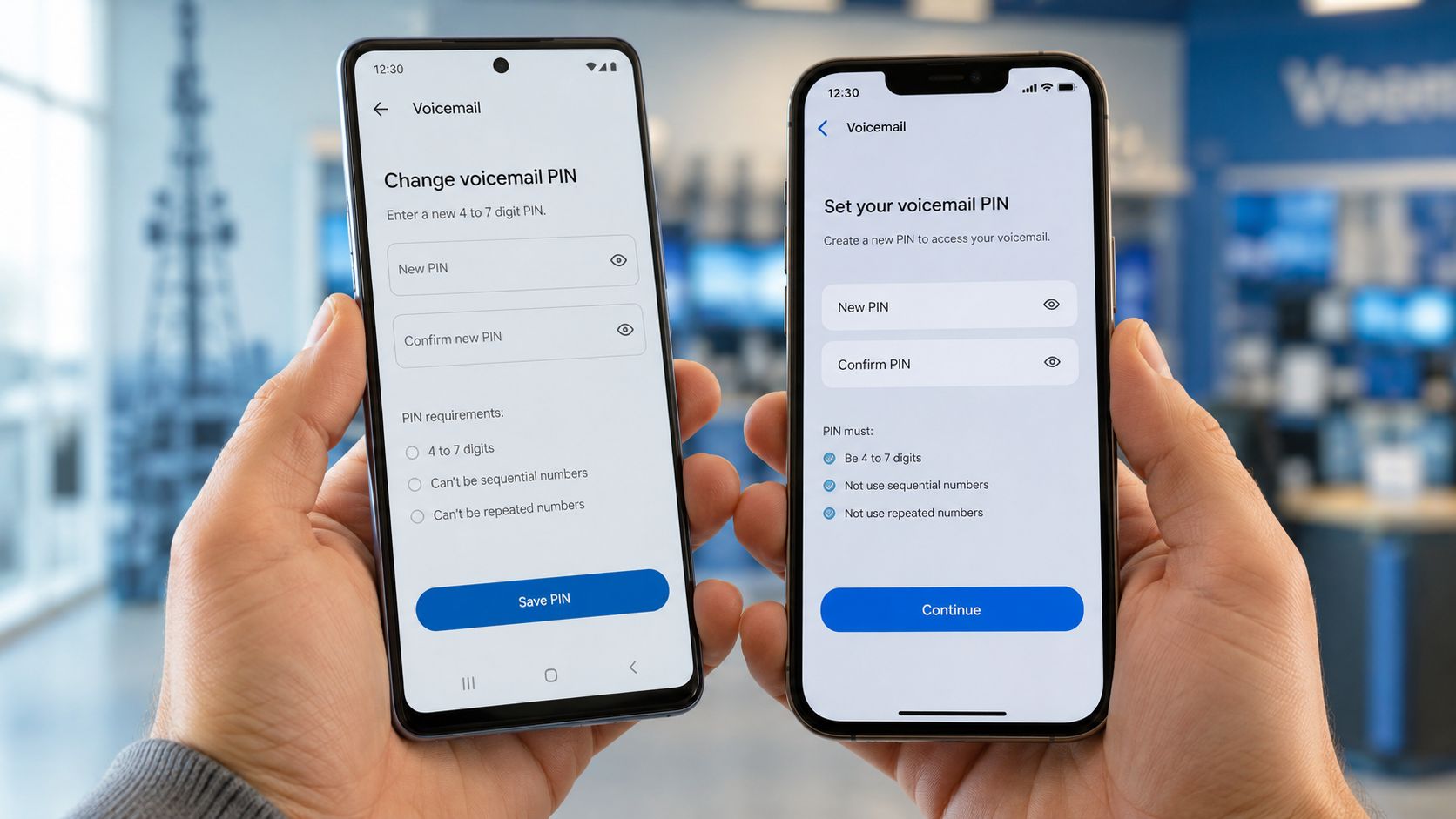 Two hands holding smartphones displaying voicemail PIN configuration screens for account security on both devices.