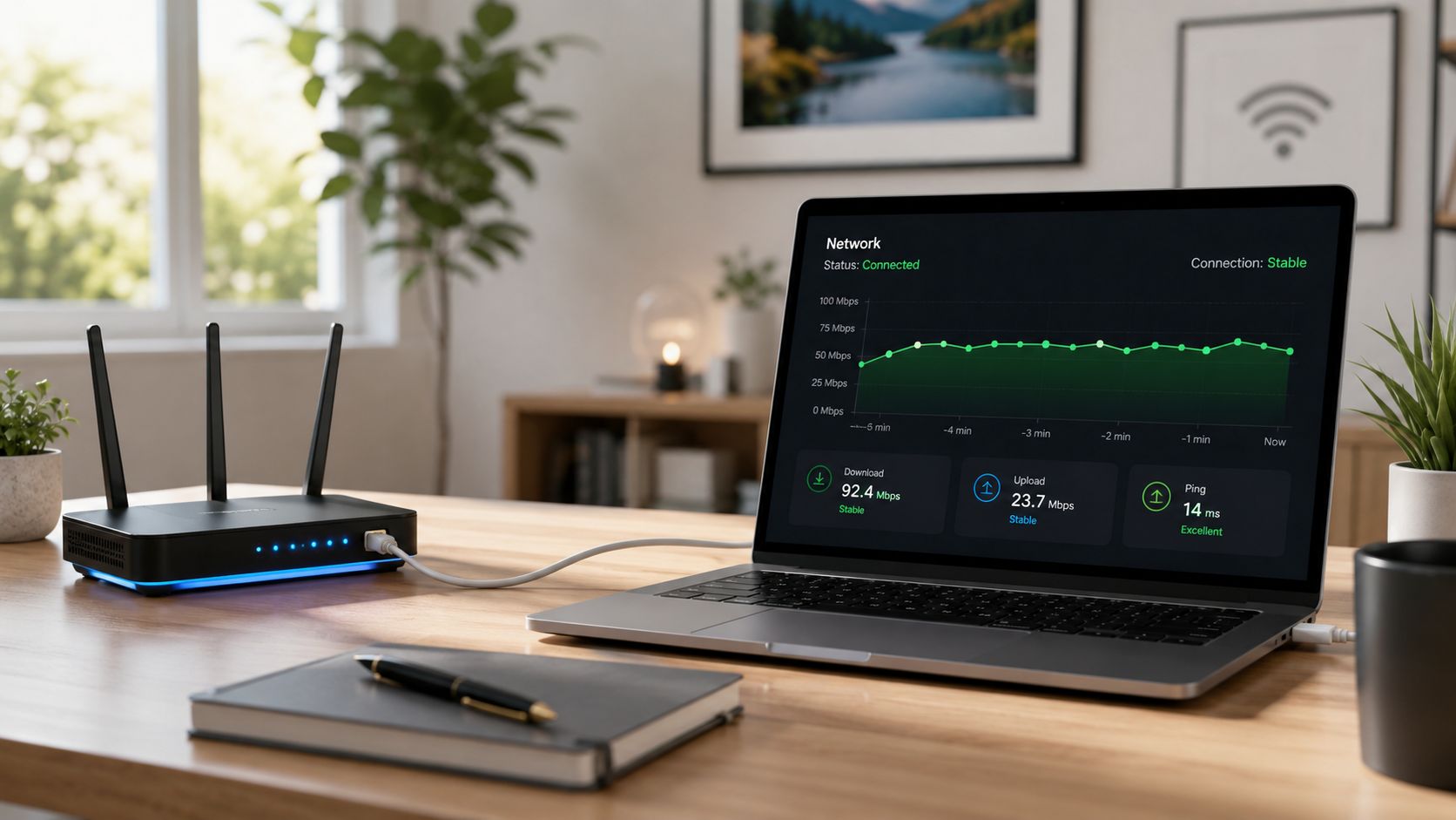 A laptop on a wooden desk showing stable network speed, upload, download, and ping statistics near a router.