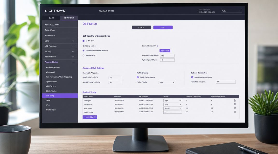 A computer screen displaying the Nighthawk router QoS setup menu with traffic shaping and device priority settings.