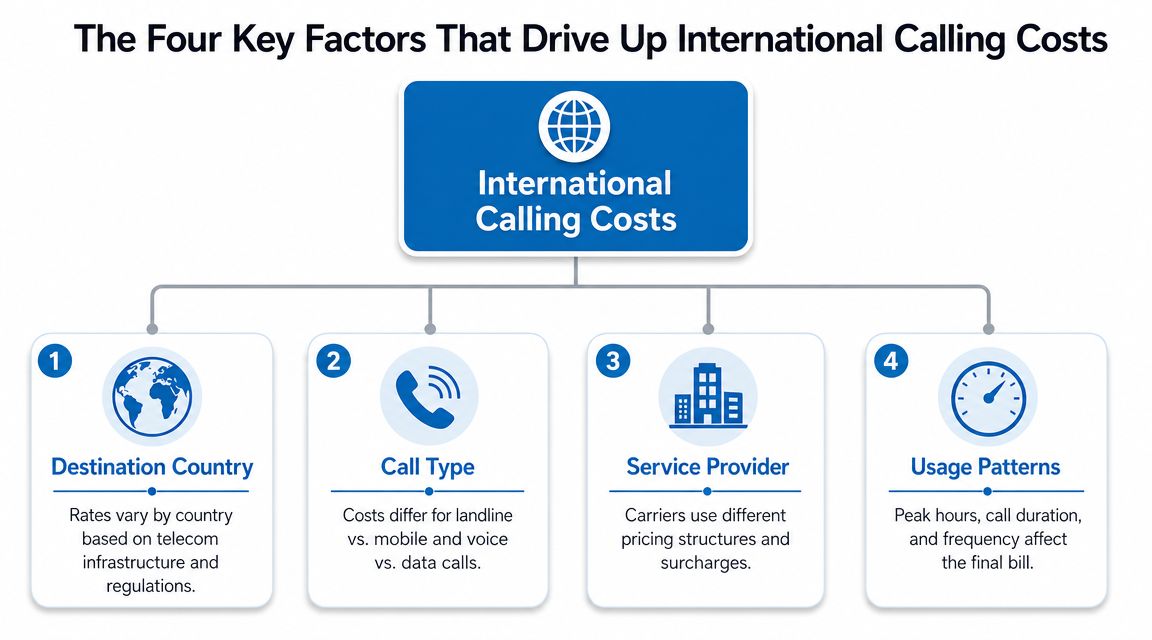 A diagram outlining the four key factors that influence the total cost of international telephone calls.