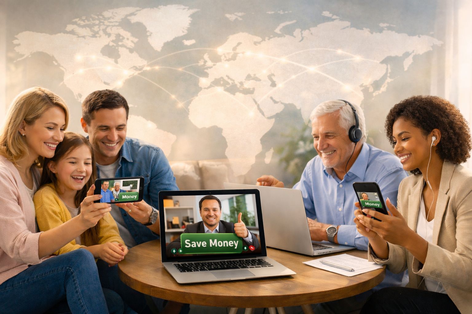 A diverse group of people using various electronic devices to communicate globally with international representatives.