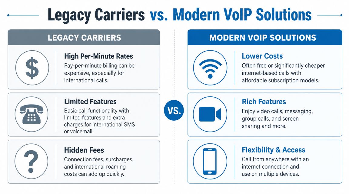 A comparison chart showing the differences between traditional legacy telephone carriers and modern VoIP communication solutions.