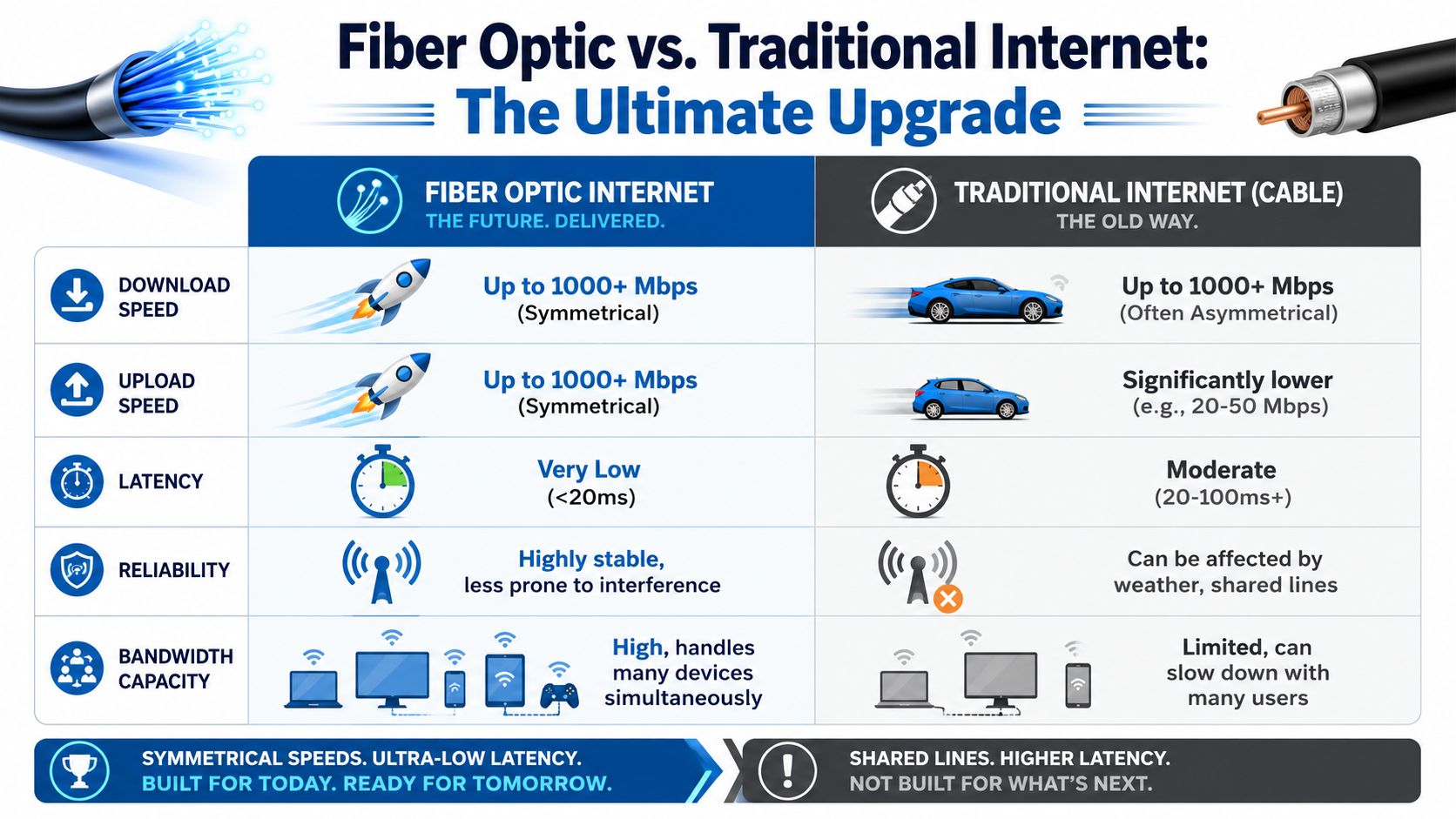 A comparison chart showing the performance advantages of fiber optic internet over traditional cable internet connections.