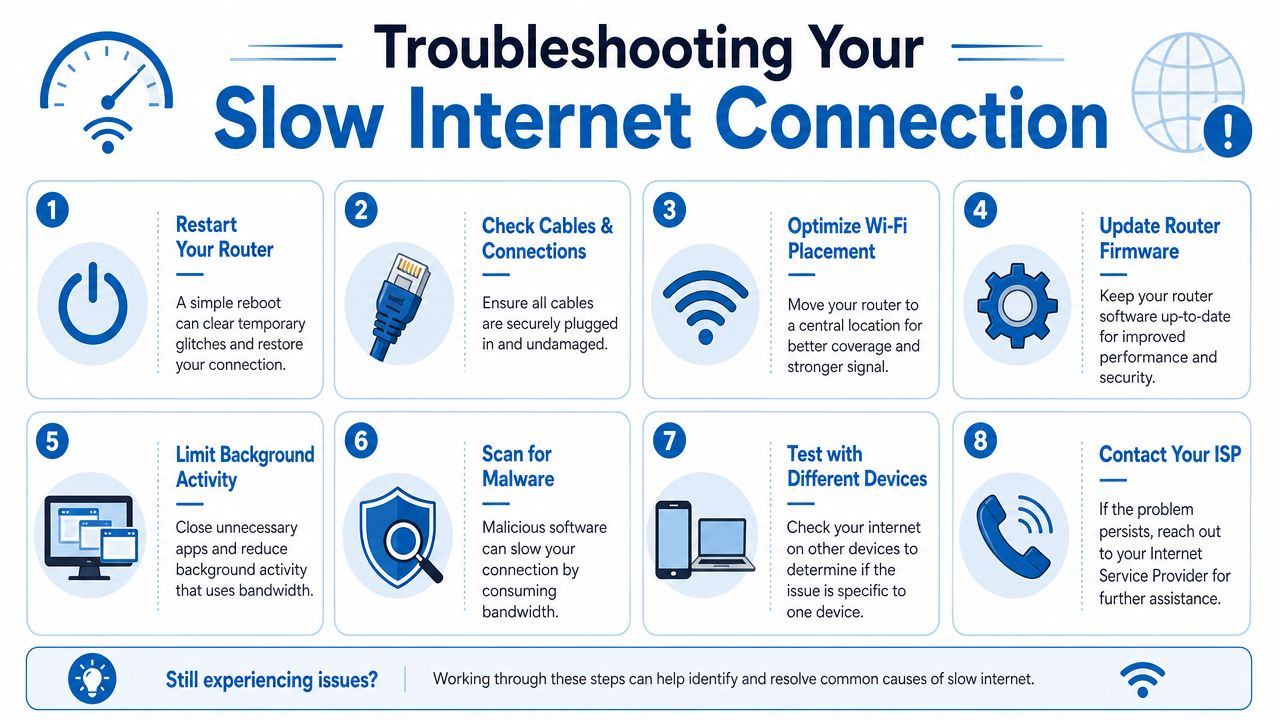 An infographic titled Troubleshooting Your Slow Internet Connection with eight numbered steps to improve internet performance.
