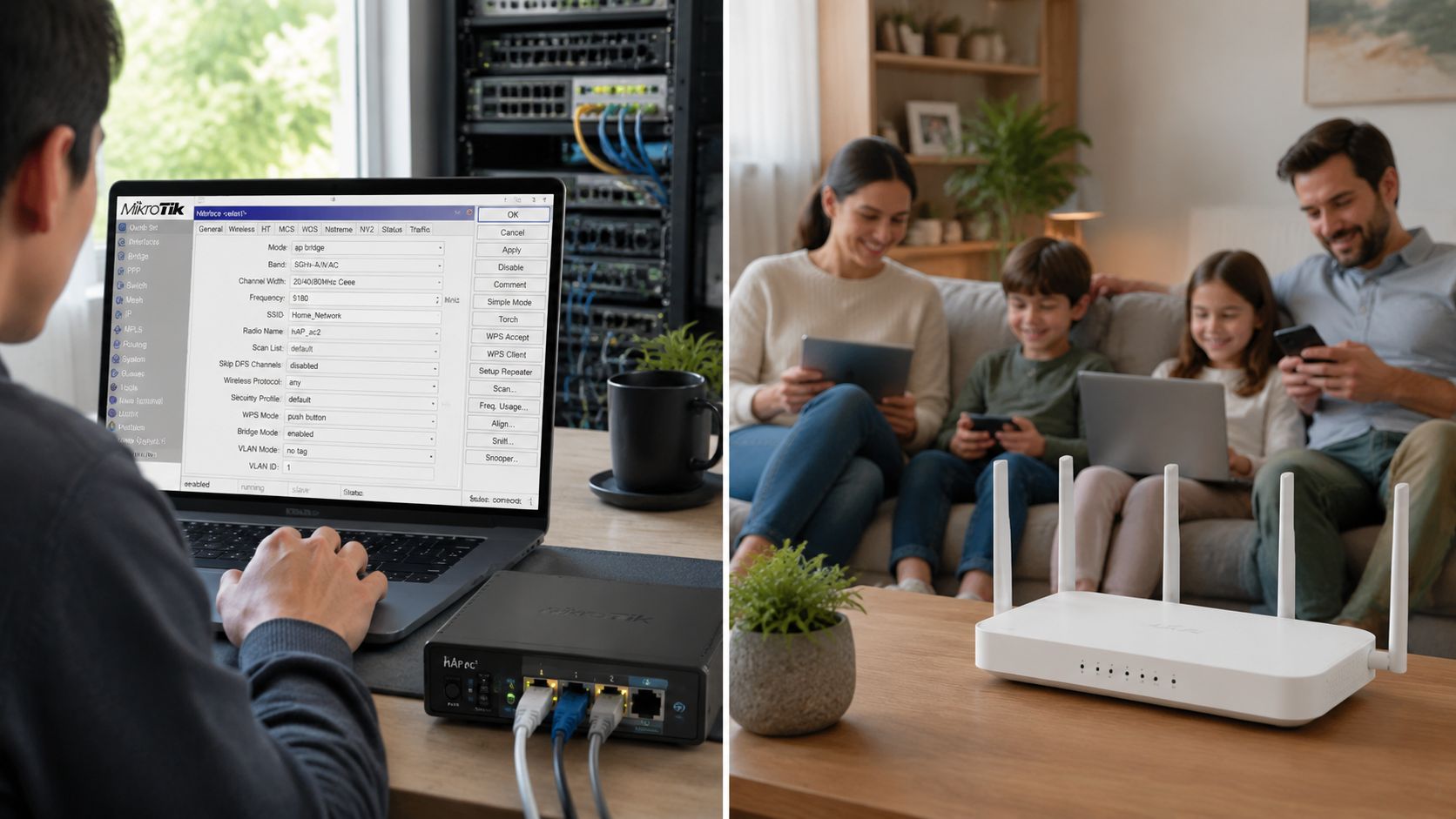 A person configuring a MikroTik hAP ac2 router on a laptop while a family uses Wi-Fi.