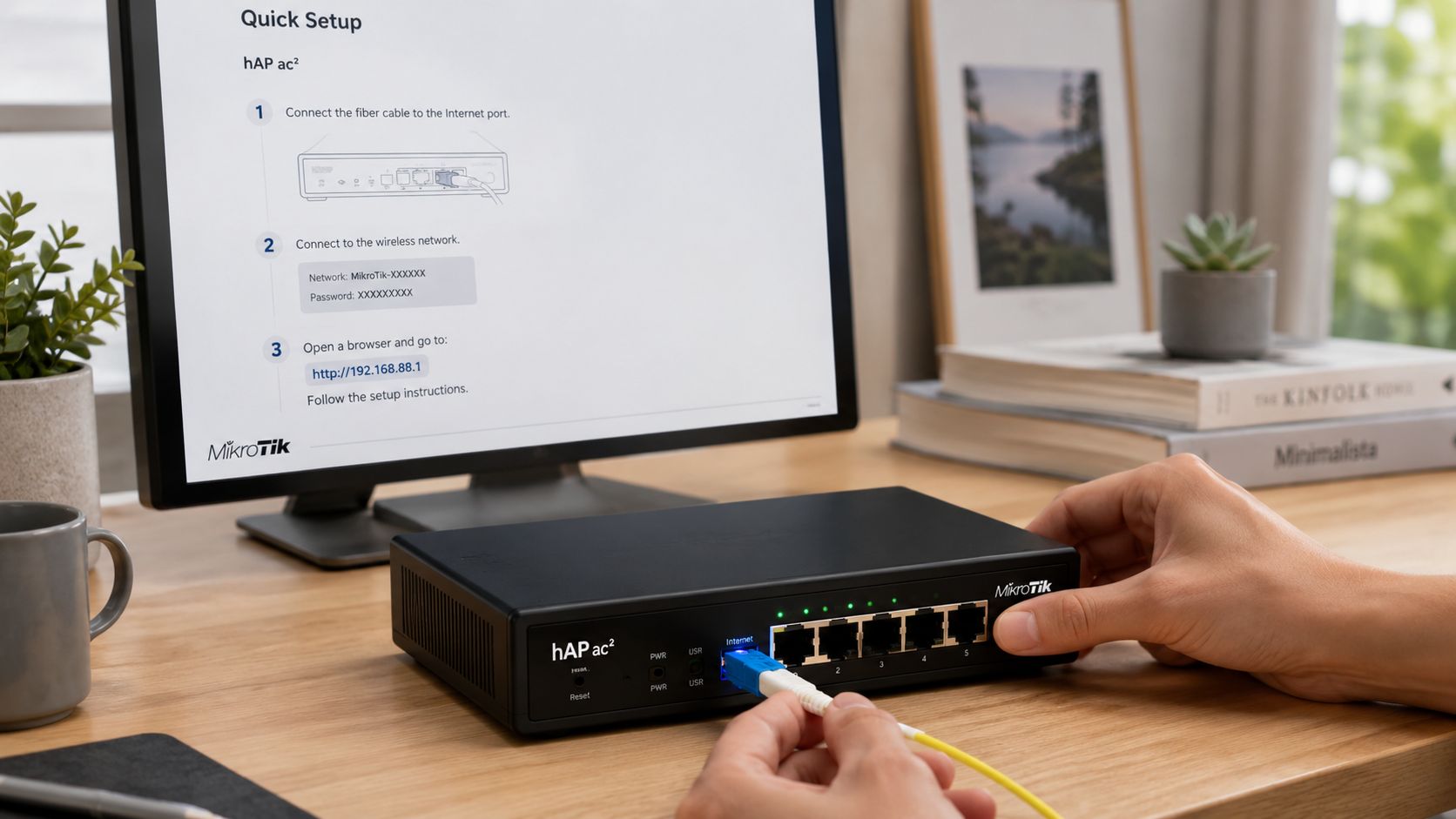 A person connecting a fiber optic cable to a MikroTik hAP ac2 wireless router on a desk.