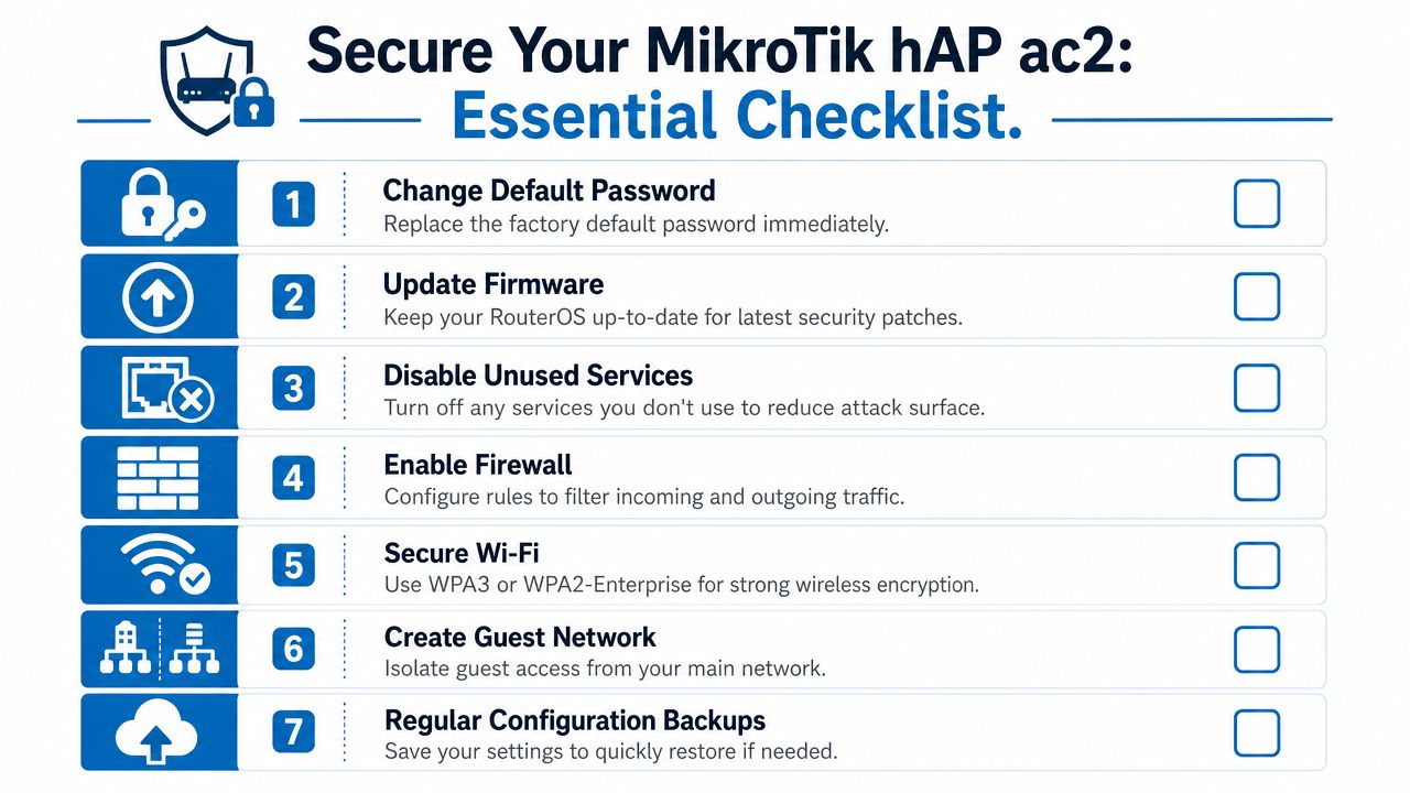 A checklist for securing a MikroTik hAP ac2 router including firmware updates and strong password protection.