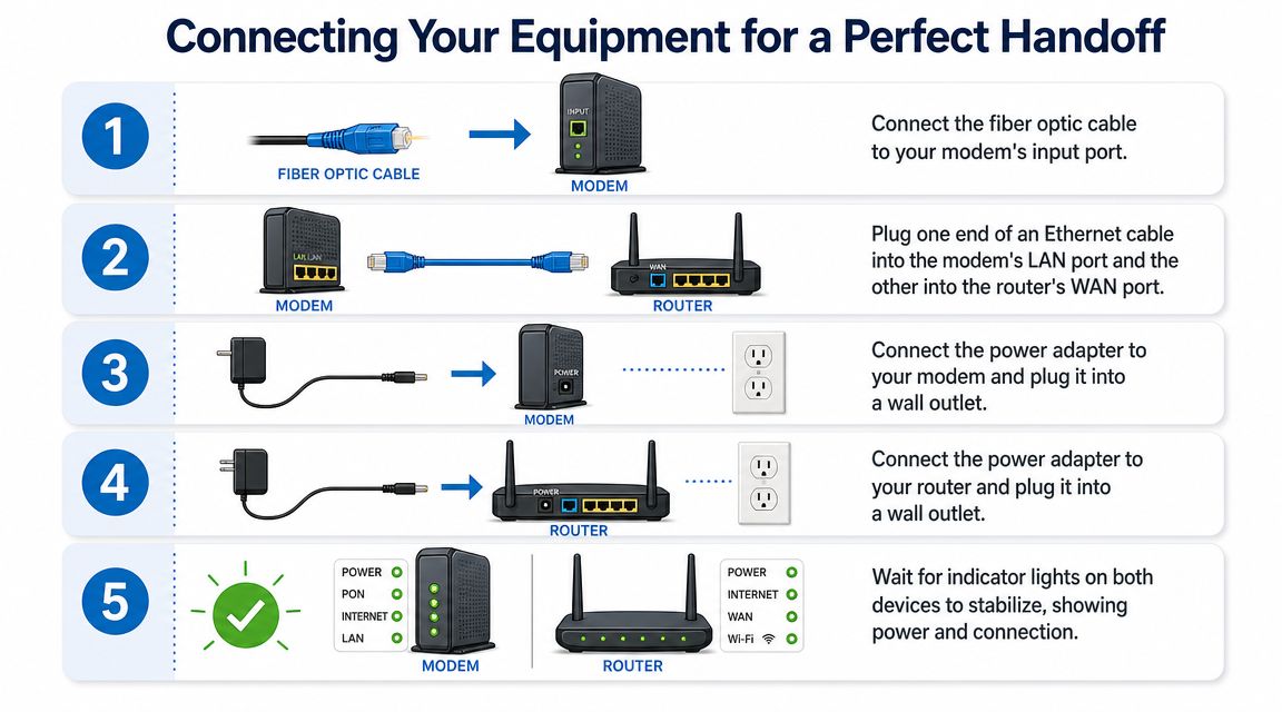 A five-step instructional guide illustrating how to connect a fiber optic modem and a wireless internet router.