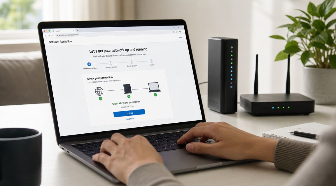 A person setting up a home network using a laptop with a modem and router on the table.
