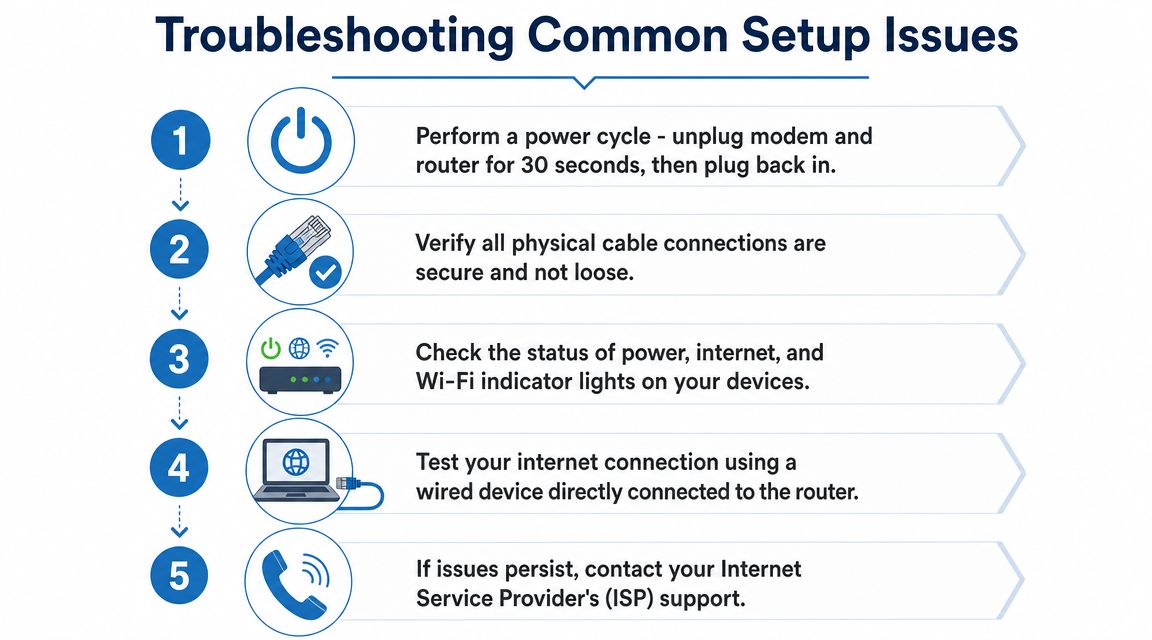 A five step guide for troubleshooting common internet connection issues with modem and router devices.