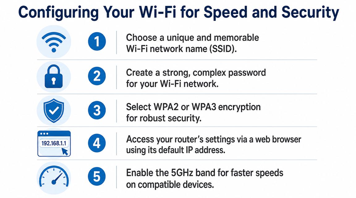 An infographic detailing five steps for optimizing Wi-Fi network speed and security for home users.