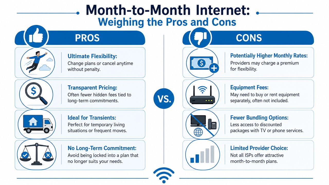 An infographic comparing the pros and cons of choosing month-to-month internet service plans over long-term contracts.