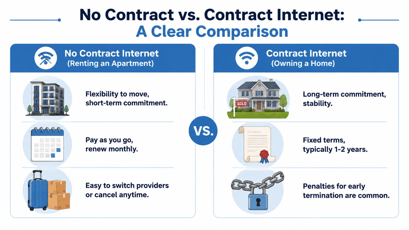 A comparison infographic between no contract internet and contract internet options for home connectivity.