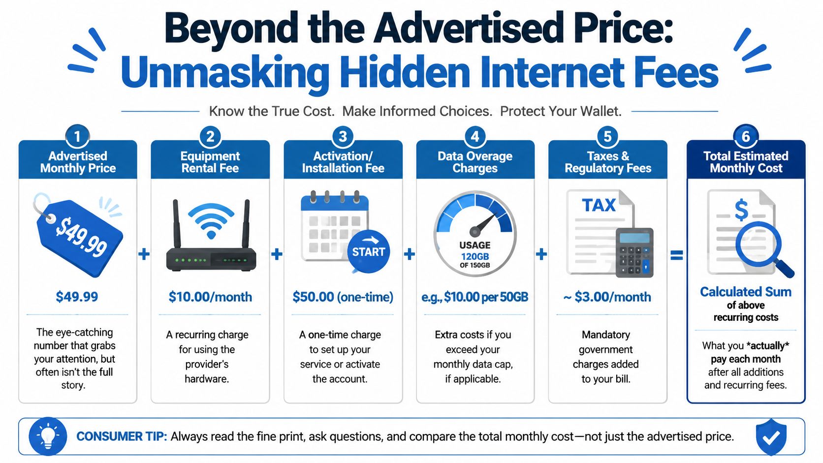 An infographic detailing the hidden fees that can increase your monthly internet cost beyond the advertised price.