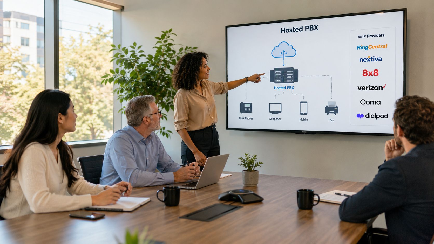 A professional business meeting where a presenter explains a Hosted PBX network diagram on a screen.