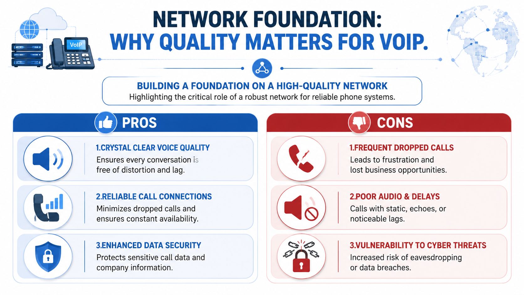An infographic comparing pros and cons of network quality for VoIP business phone systems.