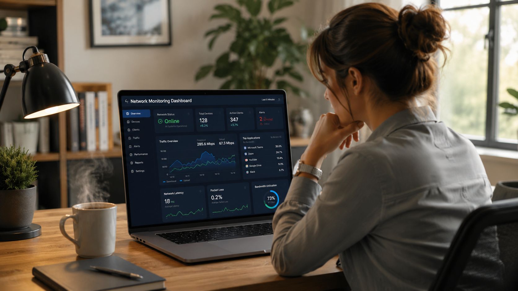 A woman working at a wooden desk, viewing a detailed network monitoring dashboard on her laptop computer.