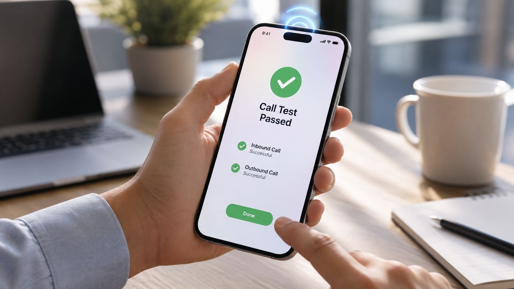A person holding a smartphone showing a successful call test result on the screen.
