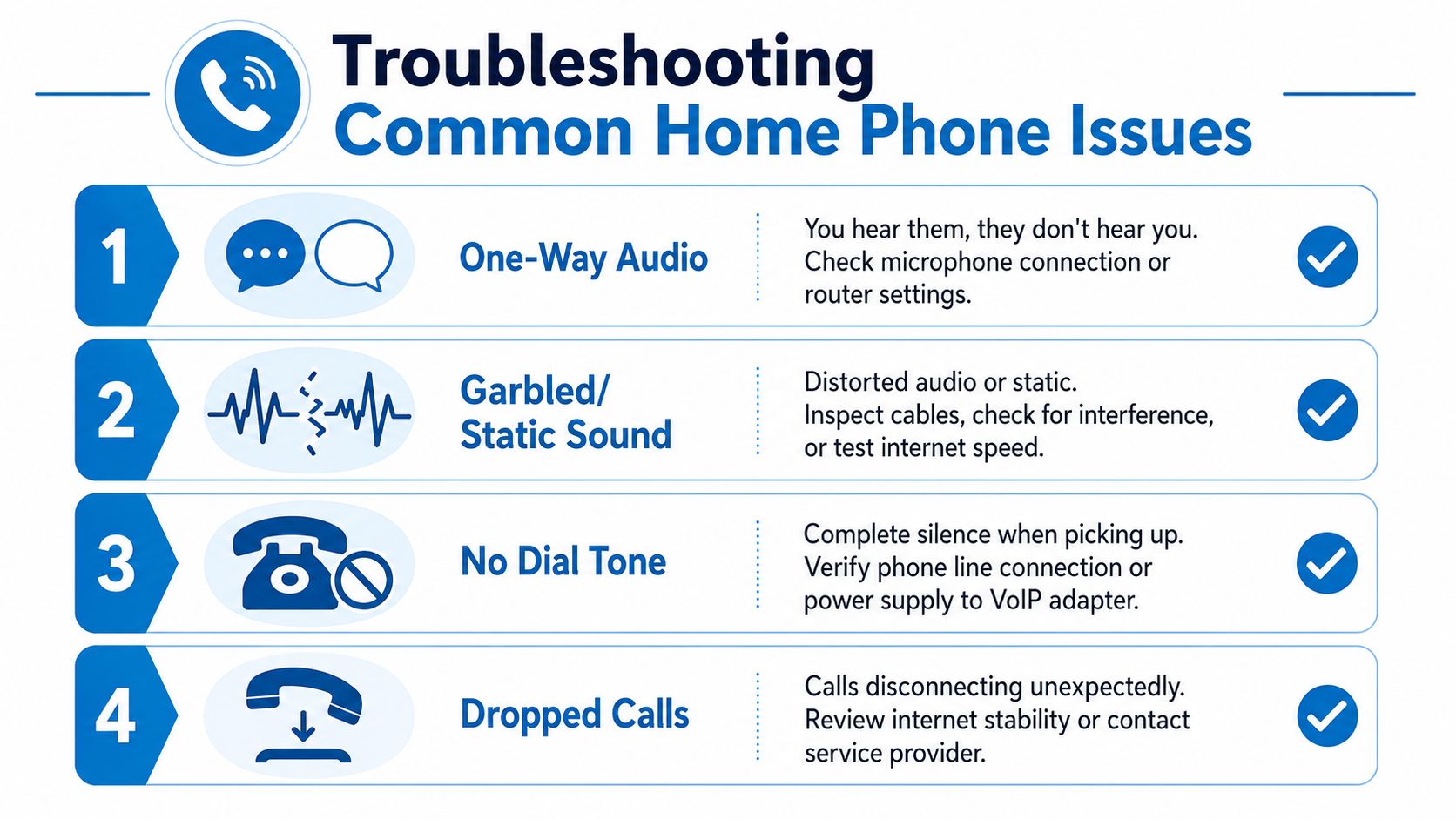 A troubleshooting guide infographic for common home phone issues, showing four problems and their potential solutions.