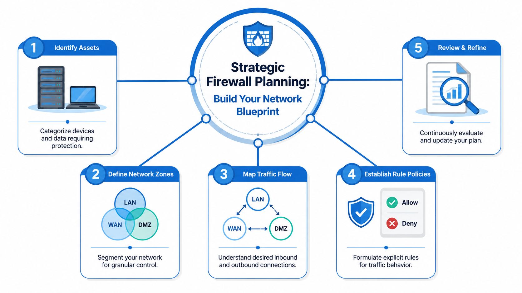 An infographic showing the five strategic steps for planning and building a secure network firewall blueprint.