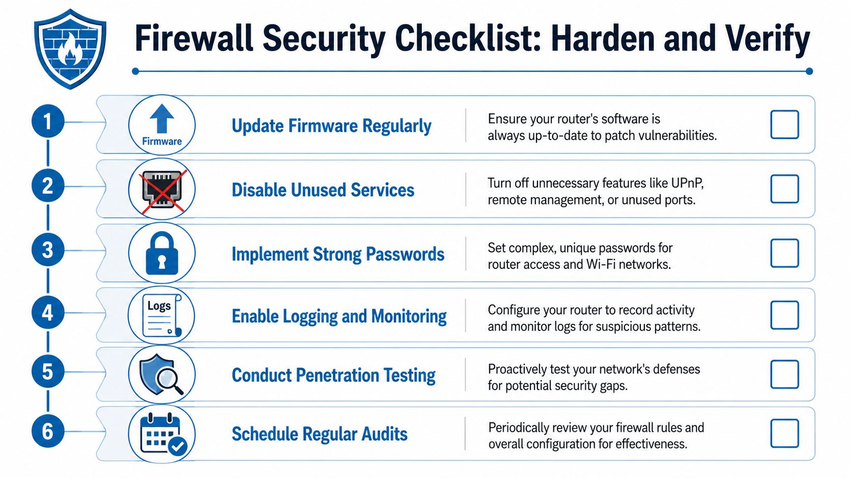 A six-step checklist titled Firewall Security Checklist, illustrating essential steps for hardening and verifying network security.