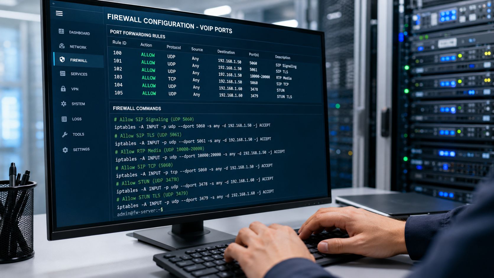 A systems administrator configuring VoIP firewall rules on a computer monitor with rack servers in the background.