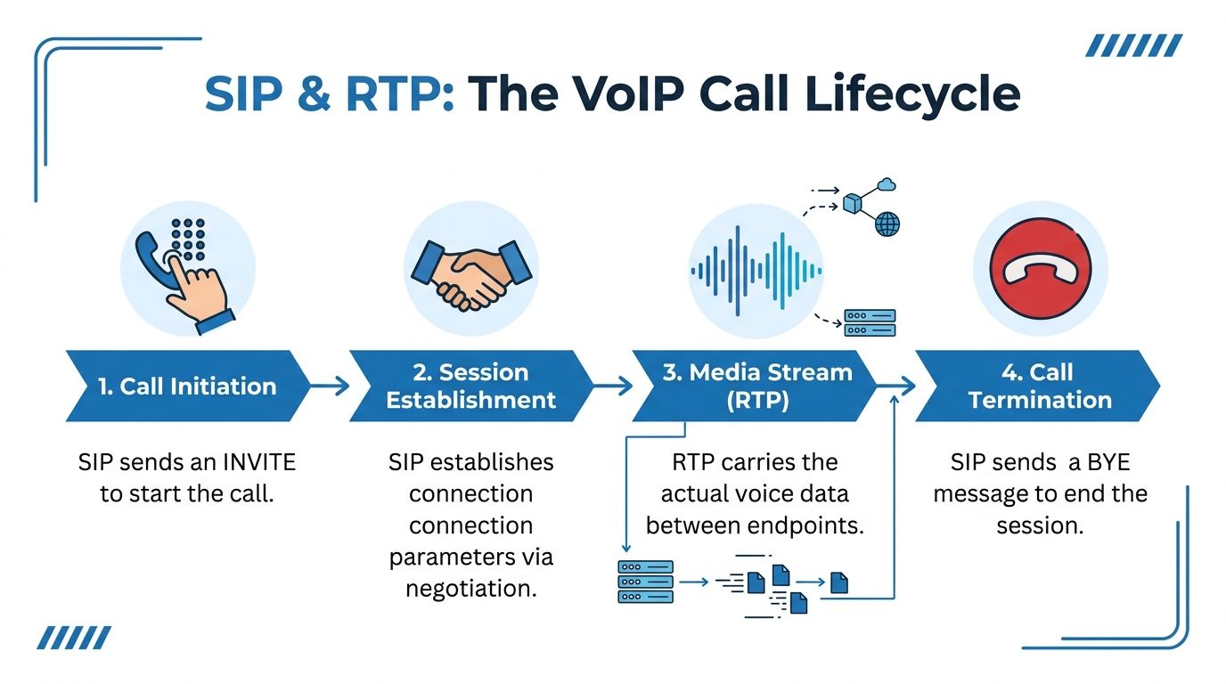 A diagram illustrating the four steps of a VoIP call lifecycle using SIP and RTP protocols.