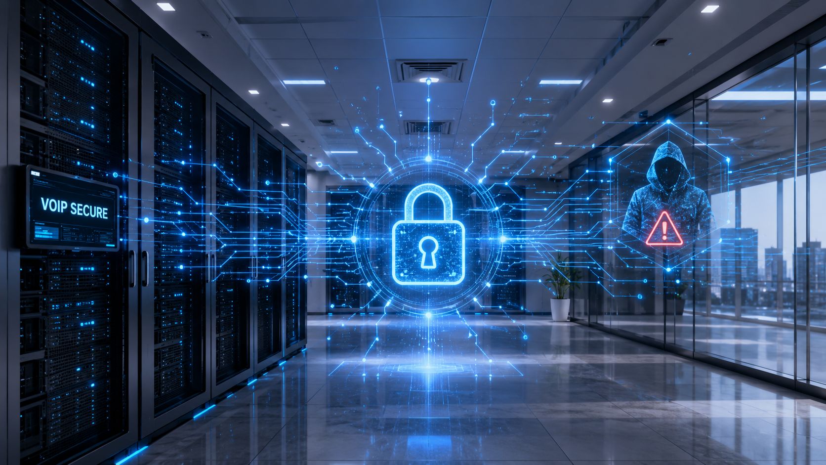 A digital graphic depicting a secure server room with a padlock icon representing VOIP security and cyber threats.