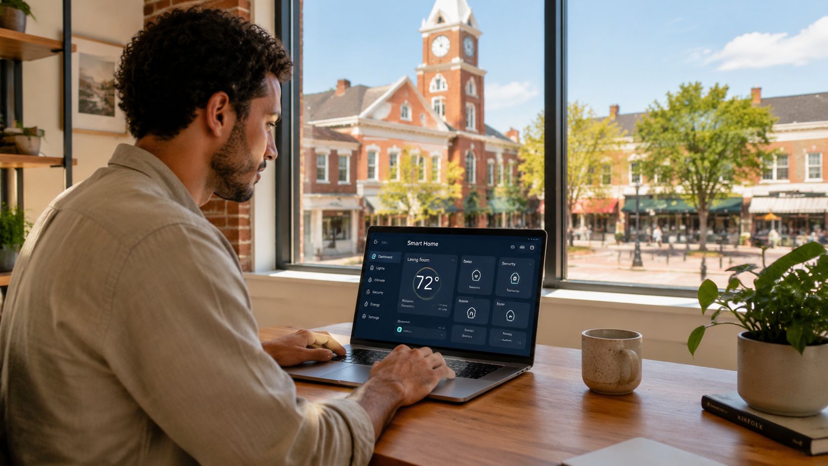 A man working on his laptop while looking at a smart home interface with a clock tower view.