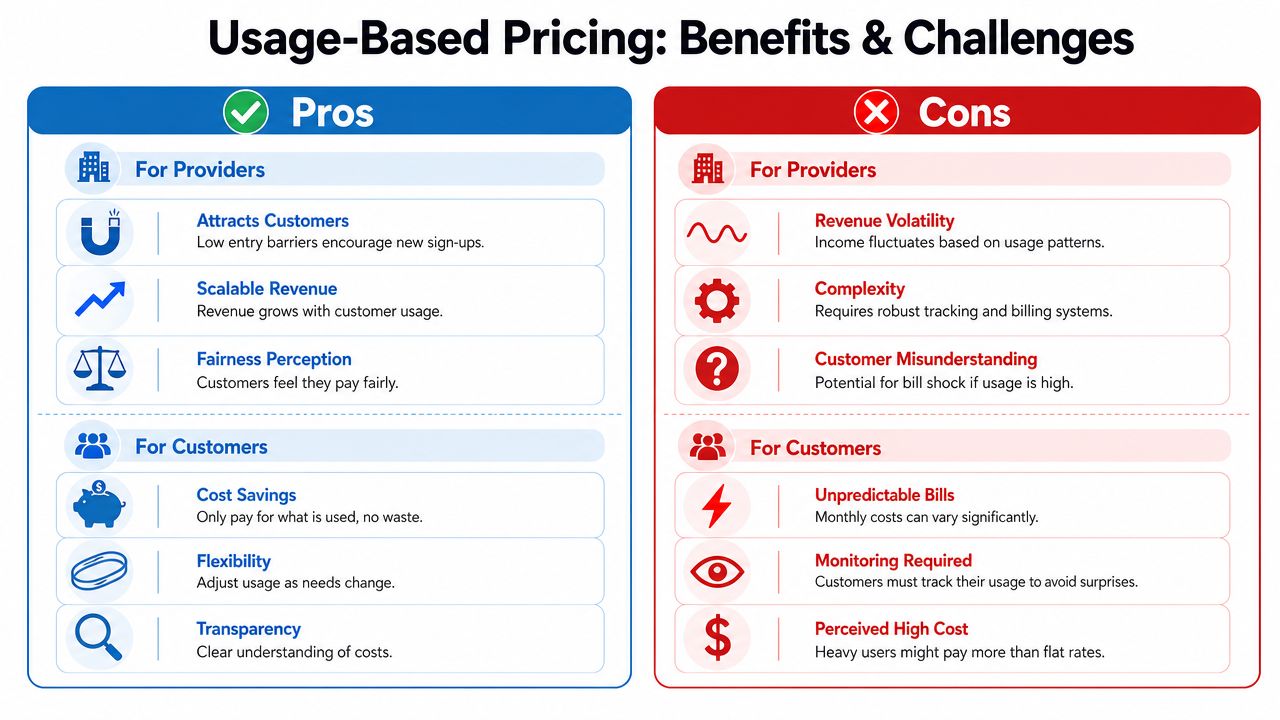 A chart illustrating the benefits and challenges of usage-based pricing for both service providers and customers.