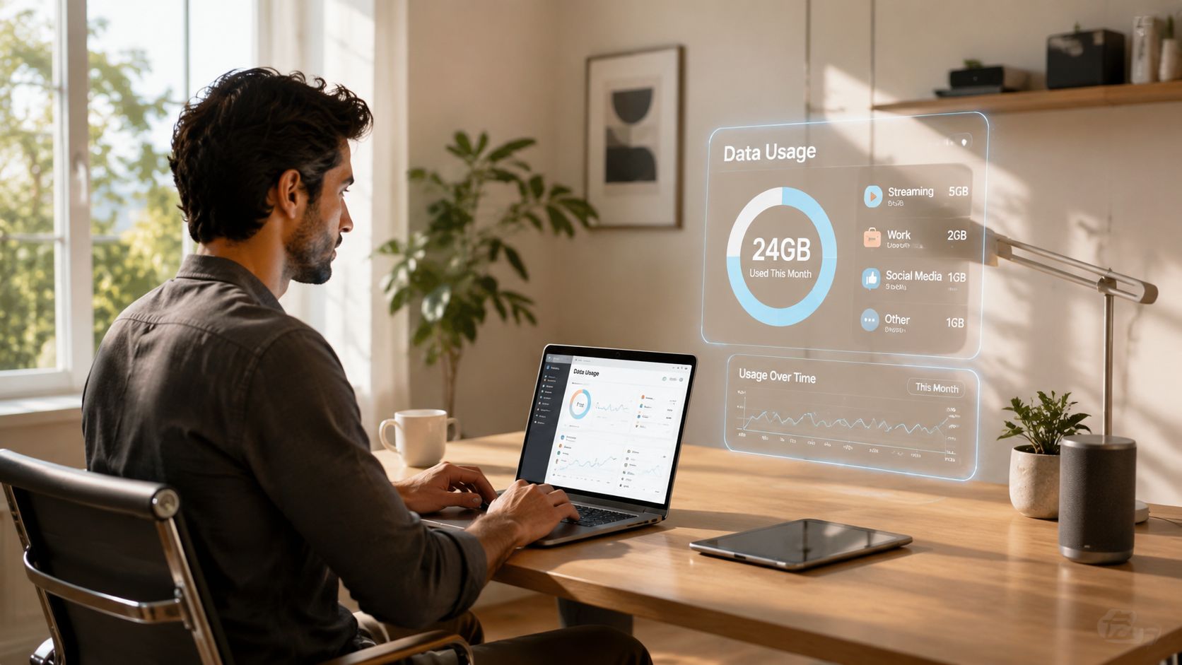 A professional man sitting at a desk using a laptop with digital data usage analytics displayed holographically.