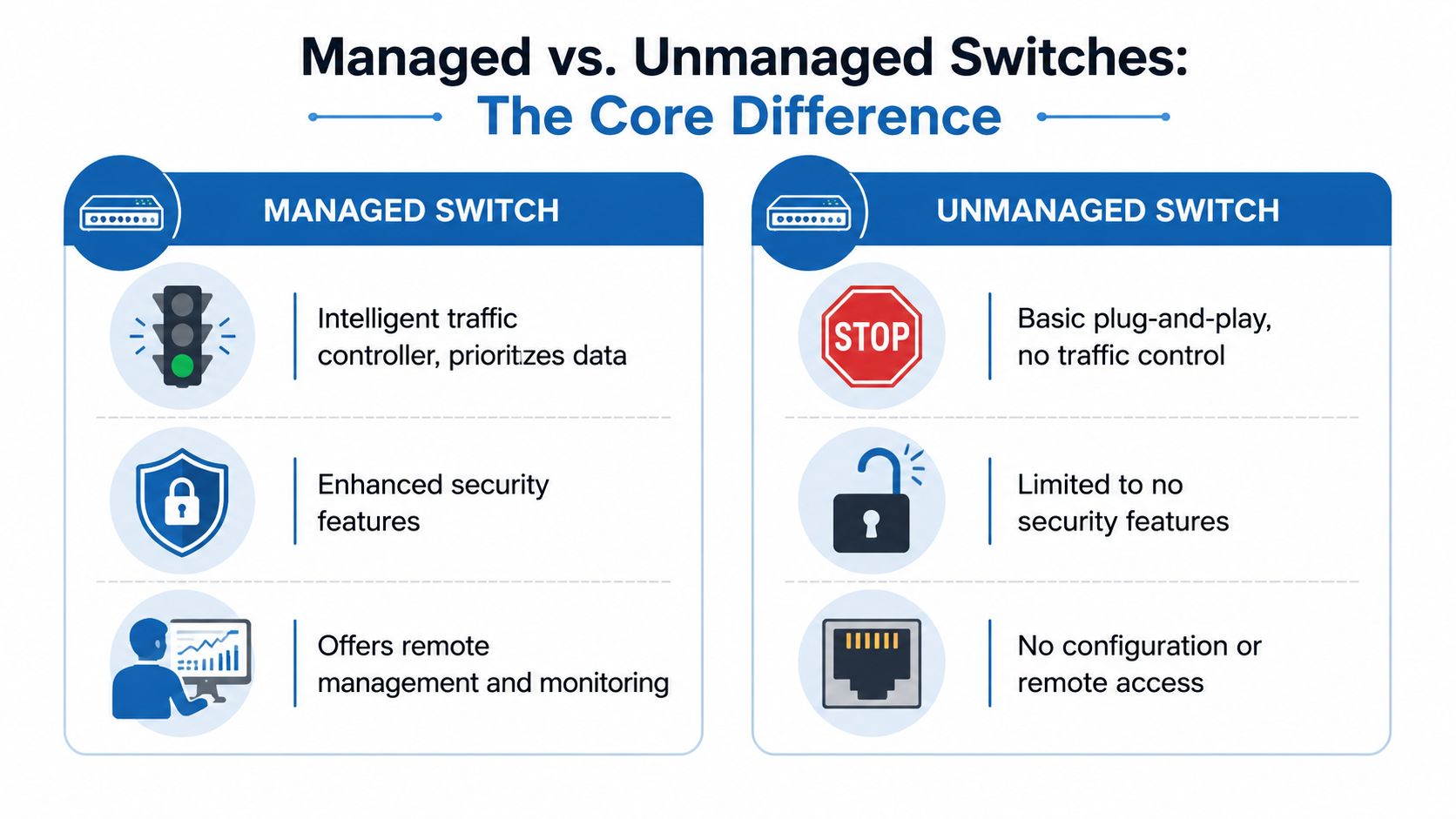 A comparison chart showing the differences between managed and unmanaged network switches regarding traffic and security features.