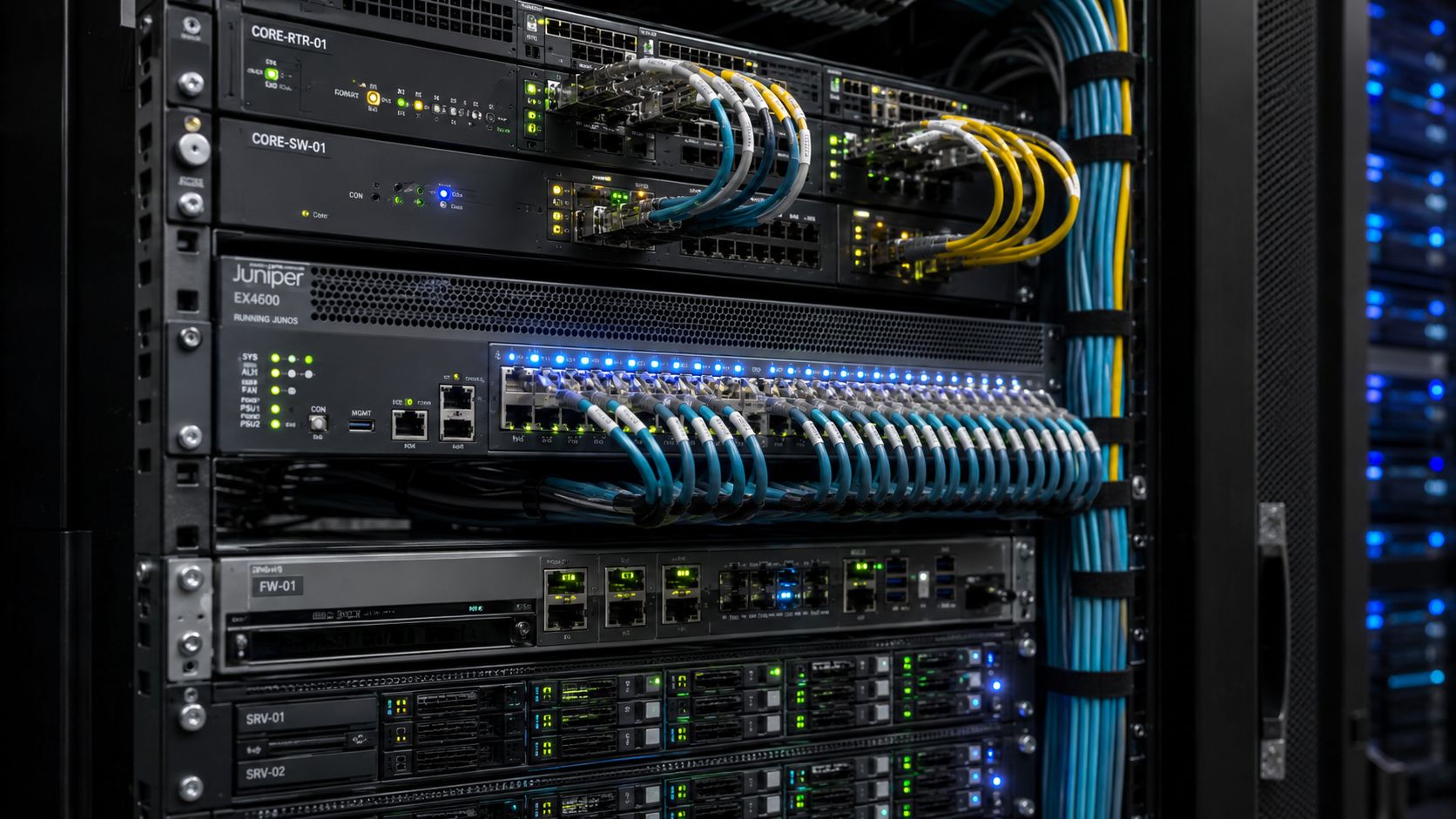 A close-up view of a server rack featuring a Juniper network switch with many connected ethernet cables.