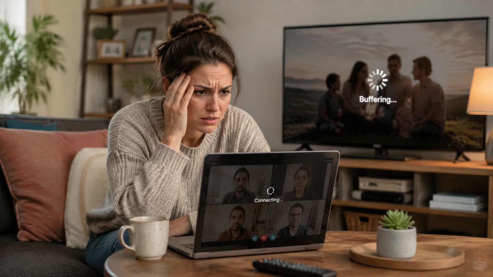 A woman looks frustrated at her laptop and television due to slow internet buffering and connectivity issues.